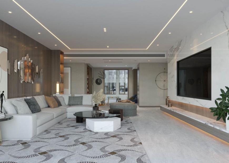 西安(ān)魯班裝(zhuāng)飾出品萊安(ān)逸珲複式380平米現代輕奢設計王小(xiǎo)龍主筆(bǐ)設計——客廳設計效果圖