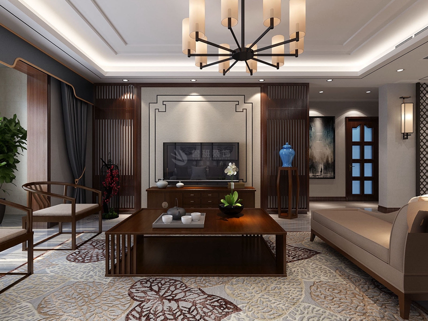 西安(ān)魯班裝(zhuāng)飾出品禦錦城四居室140平米新(xīn)中(zhōng)式風格高延慶主筆(bǐ)設計——客廳電(diàn)視背景牆設計效果圖