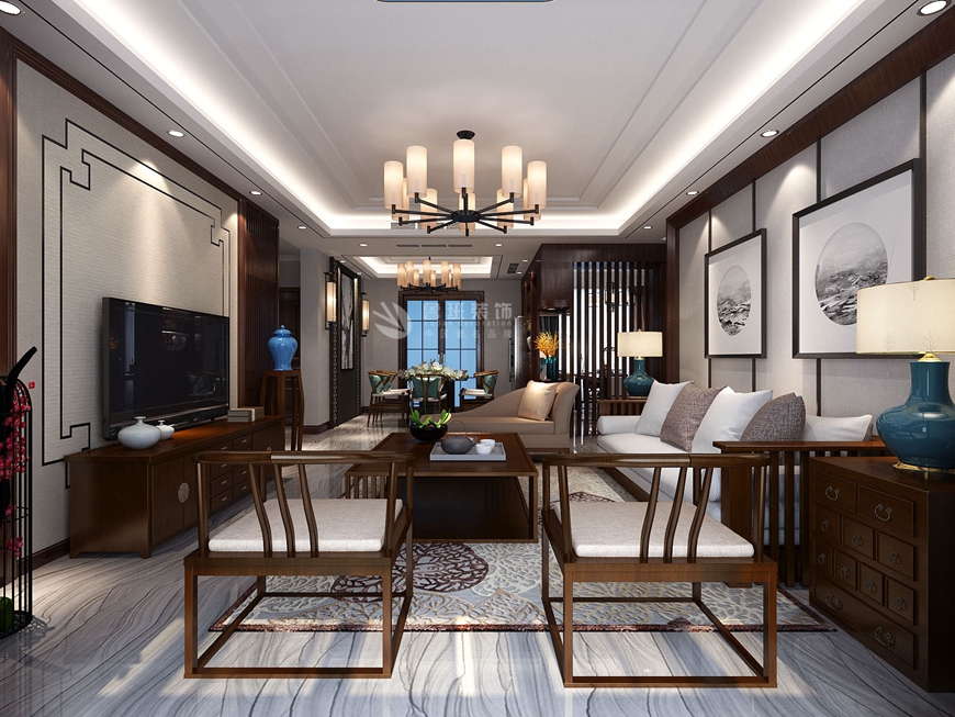 西安(ān)魯班裝(zhuāng)飾出品禦錦城四居室140平米新(xīn)中(zhōng)式風格高延慶主筆(bǐ)設計——客廳設計效果圖