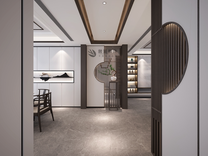 西安(ān)魯班裝(zhuāng)飾出品昌建城三居室161平米新(xīn)中(zhōng)式東方詩韻塗黎設計師主筆(bǐ)——門頭玄關設計效果圖